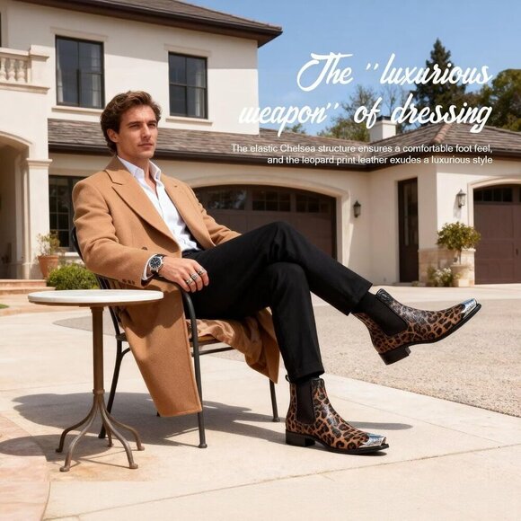Men’s Brown Chelsea Pointed Metal Toe Leopard Print Ankle Street Style Boots Amazon.com | OSSTONE Men Chelsea Ankle Boots Leather Pony  main image 4